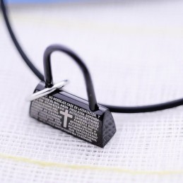 Modischer Schwarzer Schloss Mit Bibelvers Und Kreuz Titan Halskette Anhänger