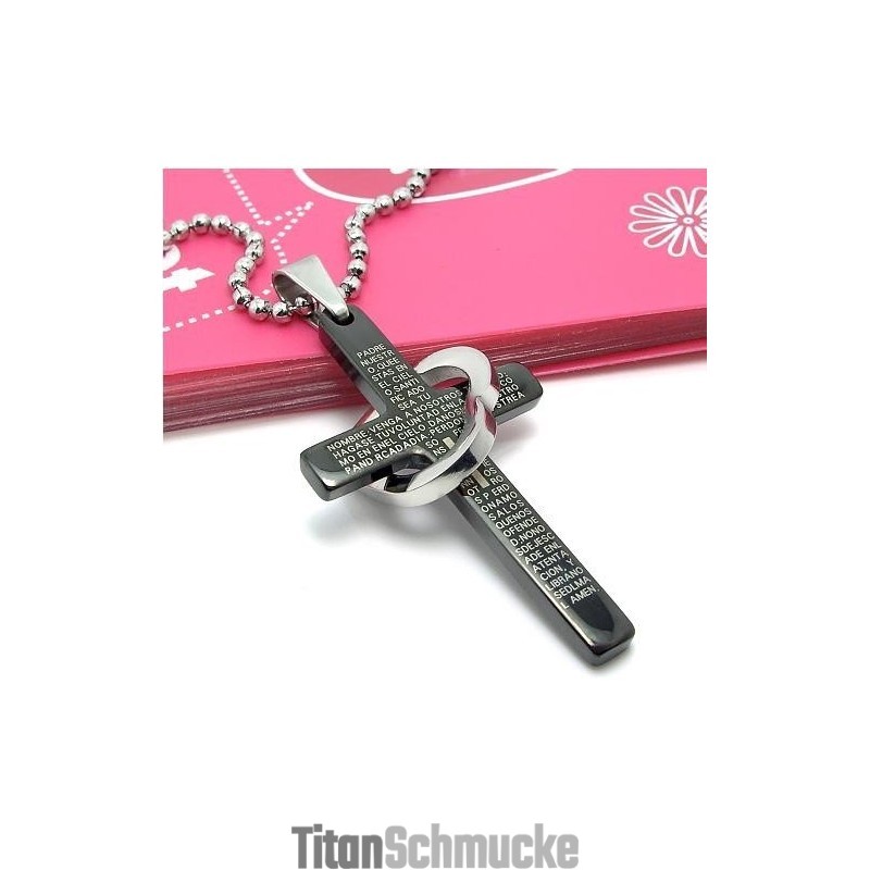 Cool Man Halskette Mit Anhänger Aus Schwarzem Titanstahl Mit Herz Und Kreuz Und Bibel (Neu)