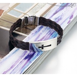 Stabiler Qualitäts-Armreif Aus Titanleder Mit Kreuz Für Männer