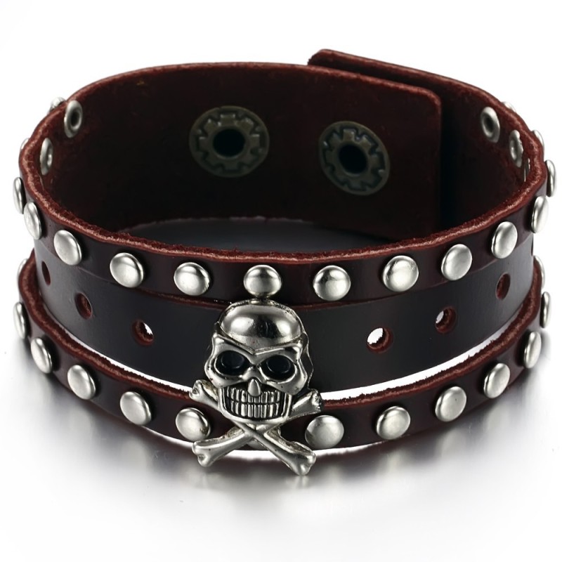 Qualität Und Quantität Gesicherter Männlicher Totenkopf-Armreif Aus Titanleder