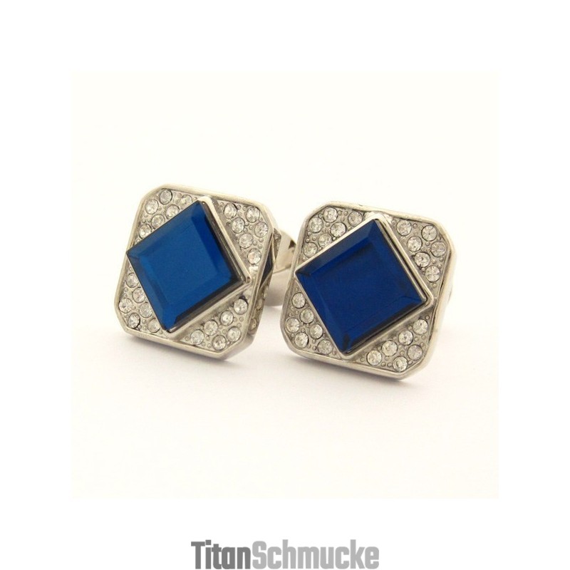 Quadratische Manschettenknöpfe Aus Titan Mit Blauem Kristall Und Diamanten