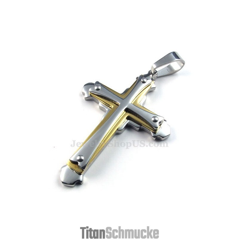 Halskette Mit Drei Kreuzanhängern Aus Gold, Silber Und Titan (Kostenlose Kette) Halskette Mit Drei Kreuzanhängern Aus Gold, Silber Und Titan (Kostenlose Kette)