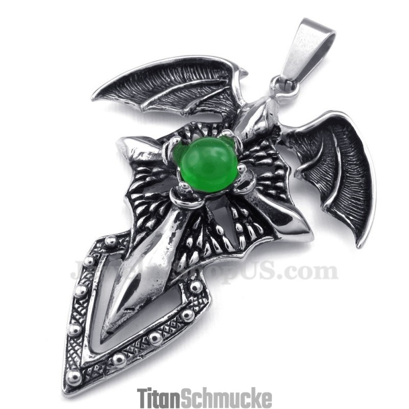 Halskette Mit Flugsaurier-Anhänger Aus Titan Mit Grünen Perlen (Kostenlose Kette)