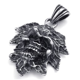 Halskette Mit Totenkopf-Anhänger Aus Titan Mit Baumblatt (Kostenlose Kette)