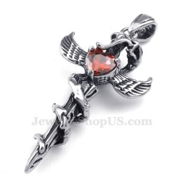 Halskette Mit Kreuzanhänger Aus Titan Mit Rotem Zirkon Und Schwertflügeln (Inklusive Kette)