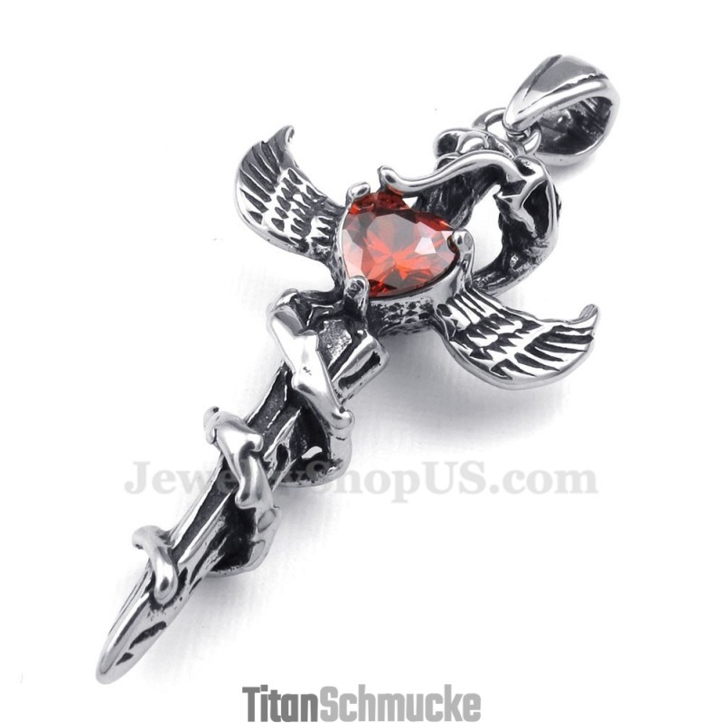 Halskette Mit Kreuzanhänger Aus Titan Mit Rotem Zirkon Und Schwertflügeln (Inklusive Kette) Halskette Mit Kreuzanhänger Aus Titan Mit Rotem Zirkon Und Schwertflügeln (Inklusive Kette)
