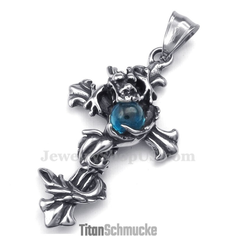 Halskette Mit Kreuzanhänger Aus Titan Mit Drachen-Blauperlen (Kostenlose Kette) Halskette Mit Kreuzanhänger Aus Titan Mit Drachen-Blauperlen (Kostenlose Kette)