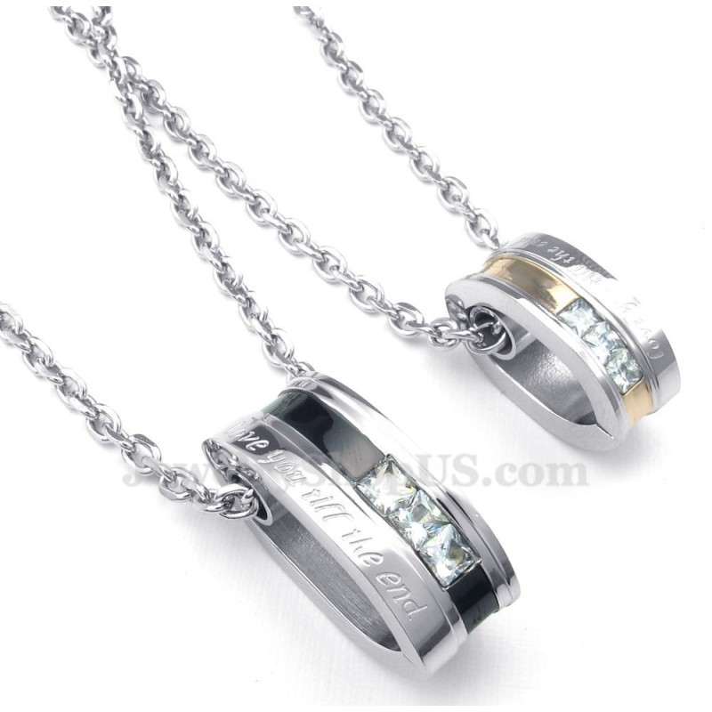 Halskette Mit Anhänger Aus Titan Mit Weißen Zirkonia-Kreisen Für Paare (Kostenlose Kette) (Ein Paar)