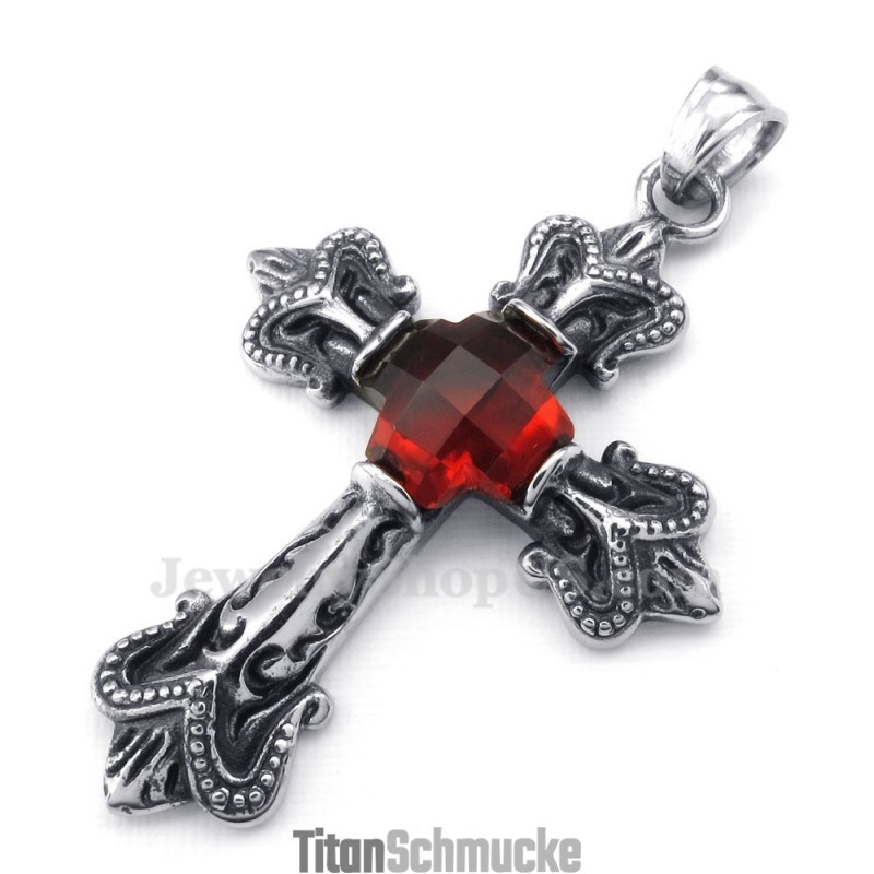 Halskette Mit Kreuzanhänger Aus Titan Mit Rotem Zirkonia (Kostenlose Kette) Halskette Mit Kreuzanhänger Aus Titan Mit Rotem Zirkonia (Kostenlose Kette)