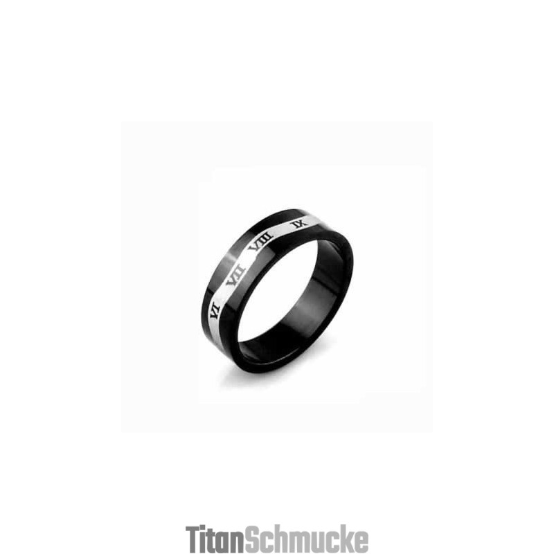 Herrenring Aus Schwarzem Titan Mit Römischen Ziffern Und Welle, 6 Mm Herrenring Aus Schwarzem Titan Mit Römischen Ziffern Und Welle, 6 Mm