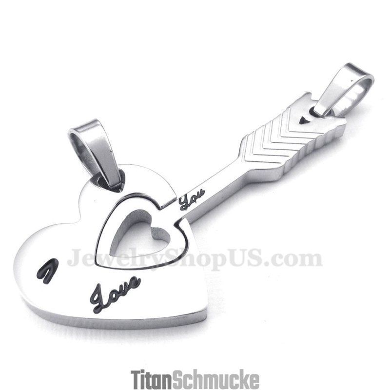 Halskette Mit Anhänger Für Paare Aus Titansilber Mit Amor-Pfeil Und Herzen (Kostenlose Kette) (Ein Paar) Halskette Mit Anhänger Für Paare Aus Titansilber Mit Amor-Pfeil Und Herzen (Kostenlose Kette) (Ein Paar)