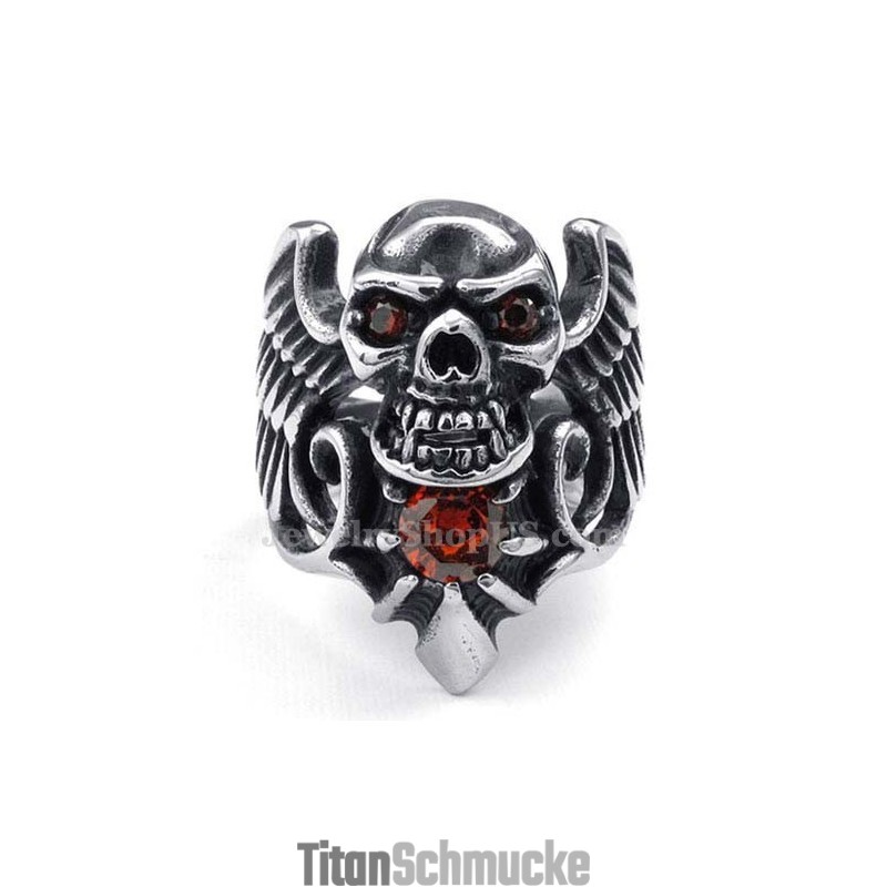 Titan-Totenkopfflügelring Mit Rotem Zirkon