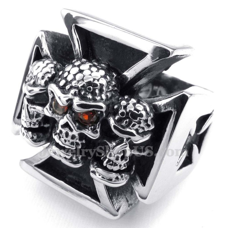 Titan-Kreuz-Totenkopfring Mit Roten Zirkonaugen Titan-Kreuz-Totenkopfring Mit Roten Zirkonaugen