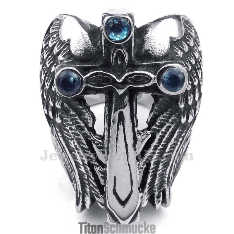 Titan-Kreuzflügelring Mit Blauem Zirkon Titan-Kreuzflügelring Mit Blauem Zirkon