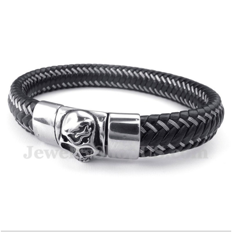 Herren-Kabelarmband Aus Titan Und Schwarzem Leder Herren-Kabelarmband Aus Titan Und Schwarzem Leder