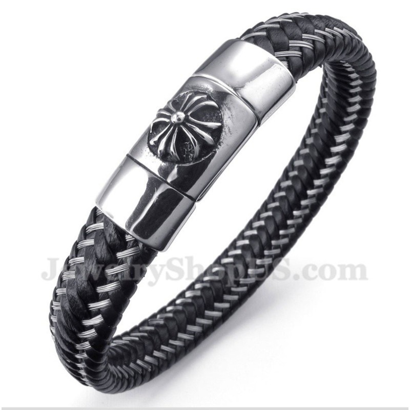 Herren-Kabelarmband Aus Titan Und Schwarzem Leder Herren-Kabelarmband Aus Titan Und Schwarzem Leder