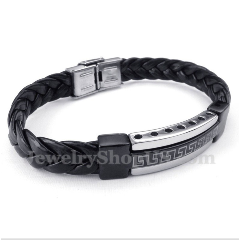 Herren-Lederarmband Aus Titan Mit Griechischem Mäandermuster