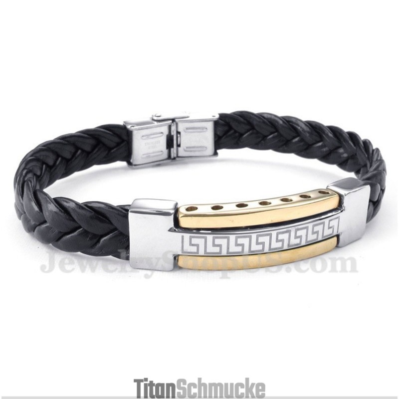 Herren Titan Griechisches Mäandermuster Gold Lederarmband Herren Titan Griechisches Mäandermuster Gold Lederarmband