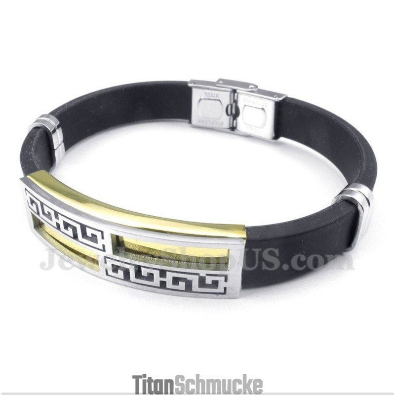 Herrenarmband Aus Titan Und Gummi Mit Griechischem Mäandermuster In Gold