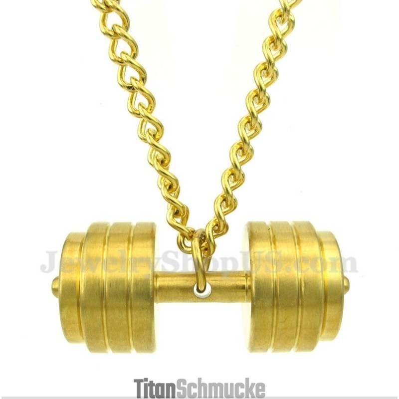 Herren-Hantelanhänger Aus Goldenem Titan Mit Kostenloser Kette Herren-Hantelanhänger Aus Goldenem Titan Mit Kostenloser Kette