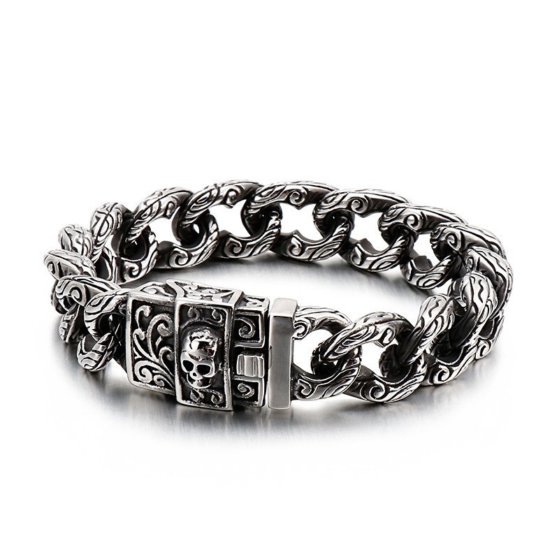 Herren-Titanarmband Mit Vintage-Schlaufen Und Floralen Totenköpfen