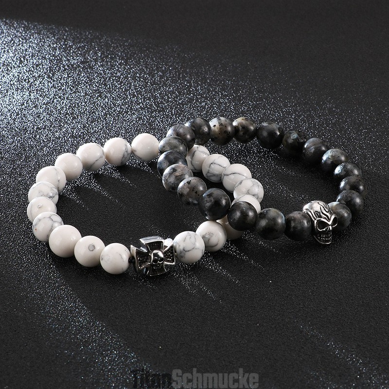 Handgemachtes Perlenarmband Stretchseil Weiß Türkis Titan Totenkopf Armband Handgemachtes Perlenarmband Stretchseil Weiß Türkis Titan Totenkopf Armband