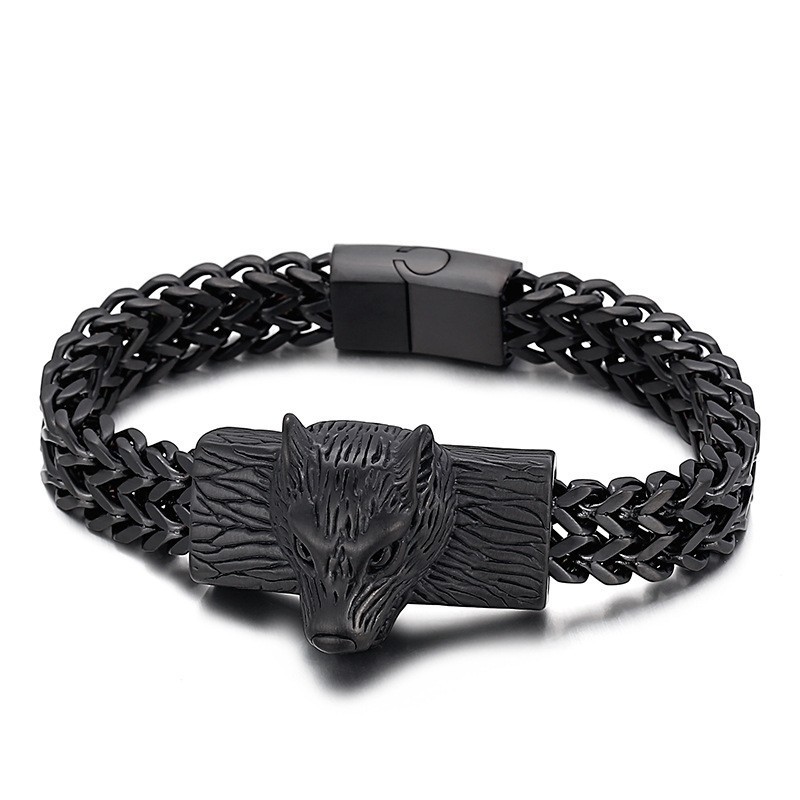 Hip Hop Wolfskopf Doppelreihiges Kielgewebtes Kettenarmband Aus Titan Für Herren