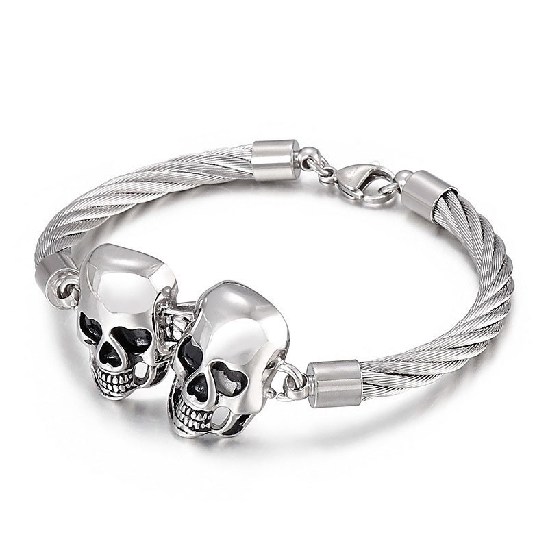 Cooles Modisches Doppelschädel-Stahldraht-Herren-Titanarmband
