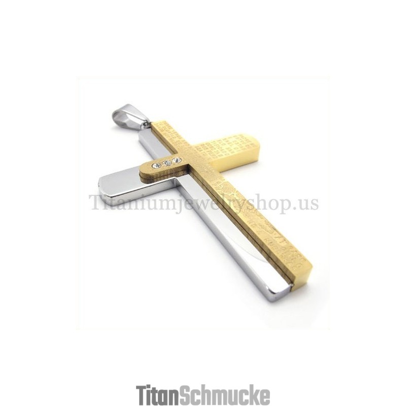 Zweilagiger Kreuzanhänger Aus Geschnitzter Bibel Aus Gold Und Titan Zweilagiger Kreuzanhänger Aus Geschnitzter Bibel Aus Gold Und Titan