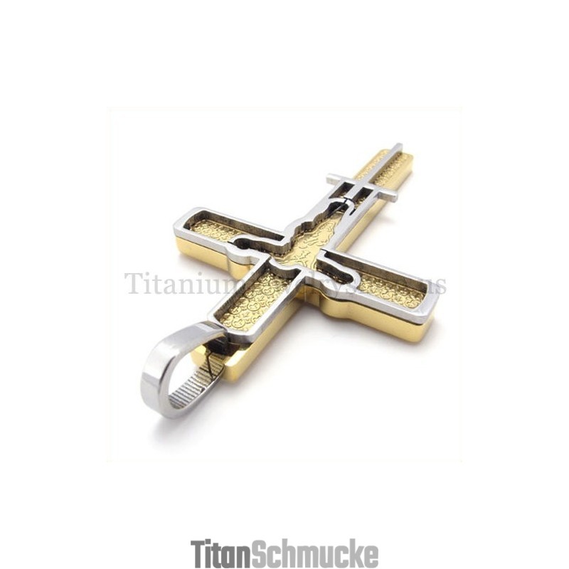 Gold Geschnitzter Titan-Kreuzanhänger Mit Jesus-Muster Gold Geschnitzter Titan-Kreuzanhänger Mit Jesus-Muster