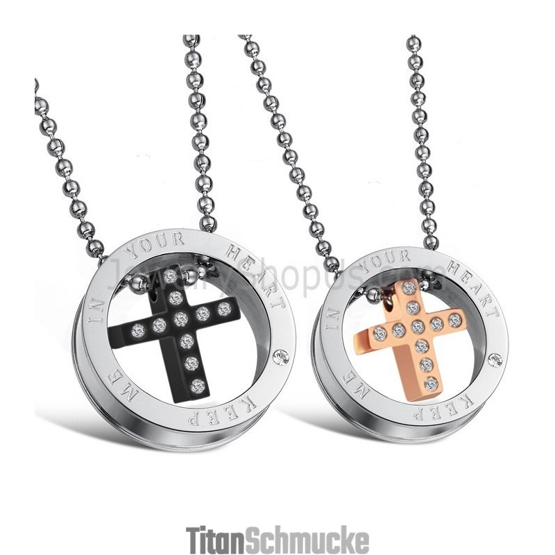 Titan-Anhänger „Kreuz“ In Roségold Und Schwarz Mit Strasssteinen Und Kostenlosen Ketten C681