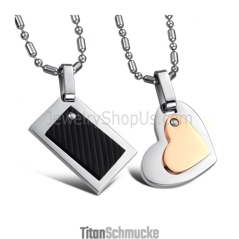 Titan Schwarz Rechteck Und Rose Gold Sweetheart Lovers Anhänger Mit Kostenlosen Ketten C601