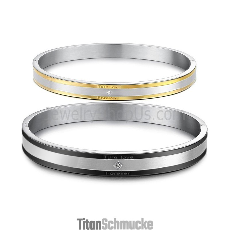 Tatanium Schwarz-Gold "True Love Forever" Paar-Armreifen Mit Strasssteinen C875