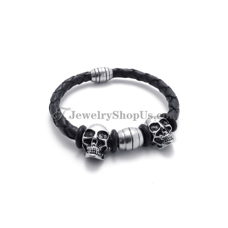 Elegantes Lederarmband Mit Titan-Totenköpfen